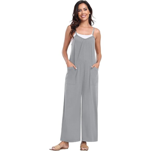 PrinStory Womens Light Gray Jumpsuits Spaghetti Long Pant Overalls with Pockets - Picture 2 of 6